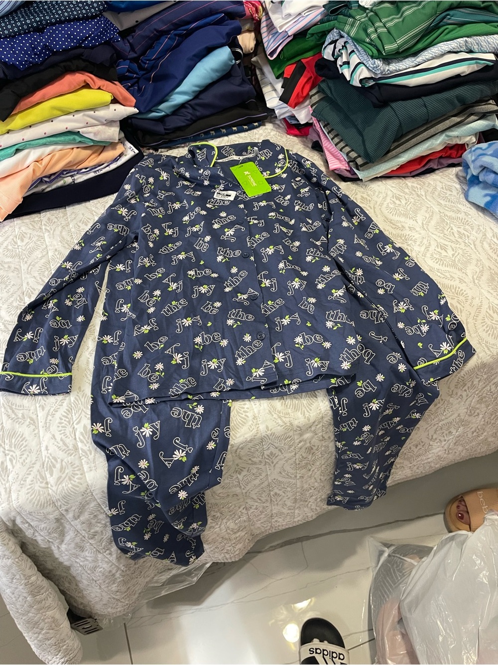 Children's Navy Palm Print Pajama Set with Lime Trim - Unbranded